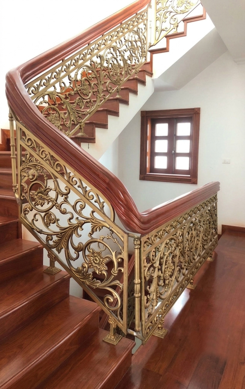 Gold Floral Stair Railing With Wooden Handrail